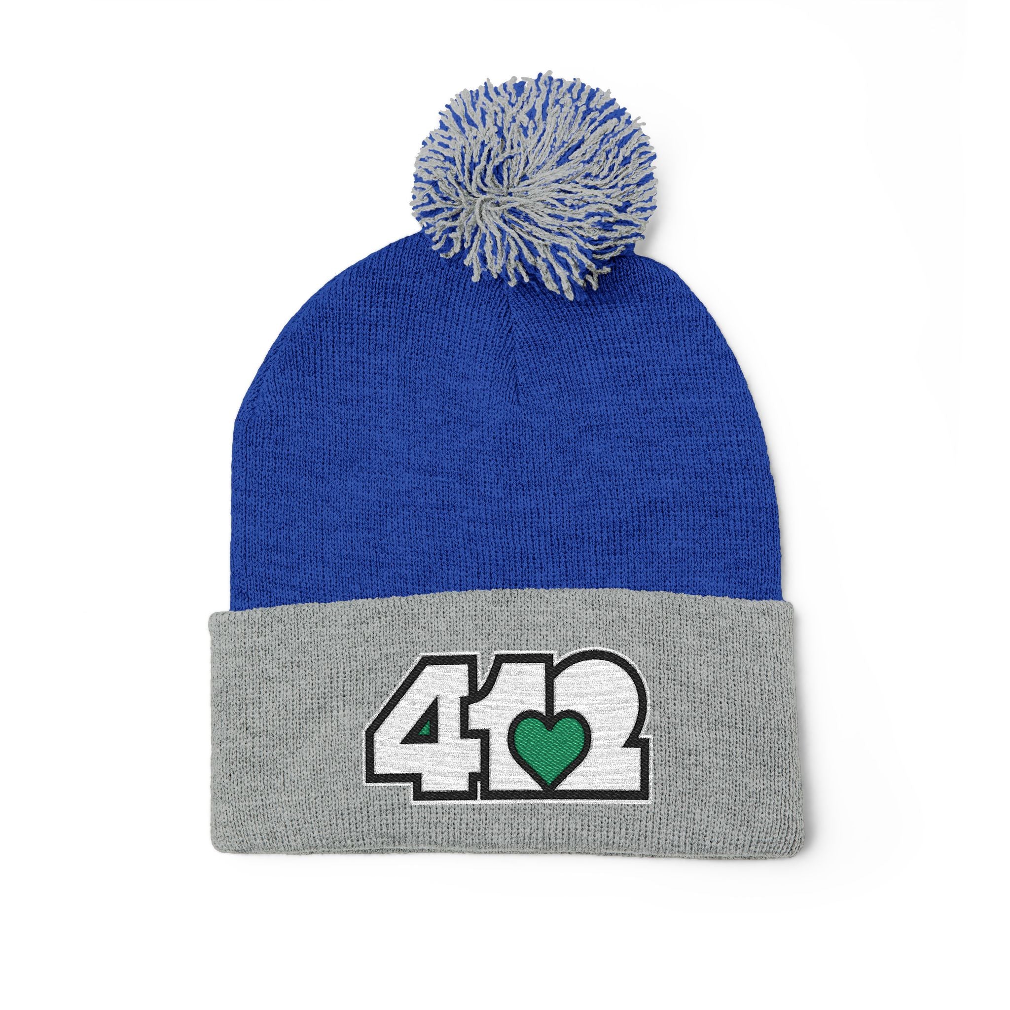 Pittsburgh 412 White Green Heart Embroidered Pom Beanie