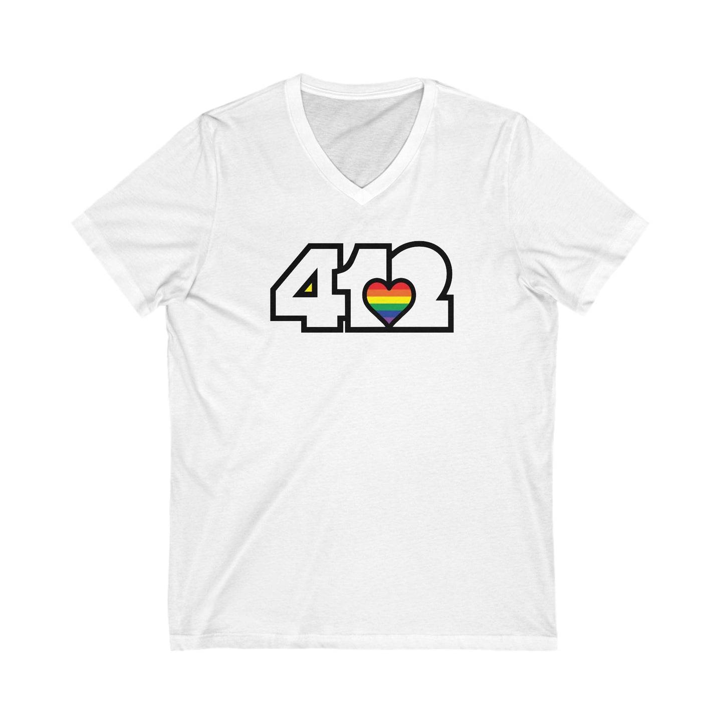 412 Women's V-Neck - Rainbow Heart, White Logo