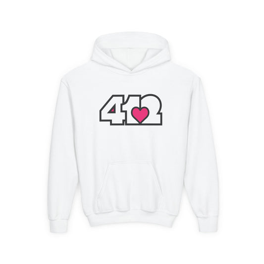 412 Classic Fit Youth Hoodie - Pink Heart, White Logo