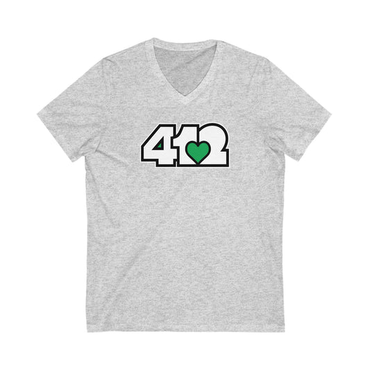 412 Women's V-Neck - Green Heart, White Logo