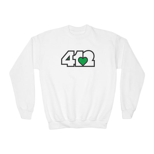 412 Crew Neck Youth Sweatshirt - Green Heart, White Logo