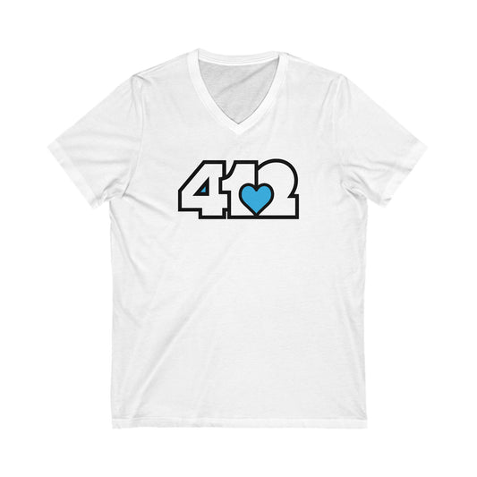 412 Women's V-Neck - Blue Heart, White Logo
