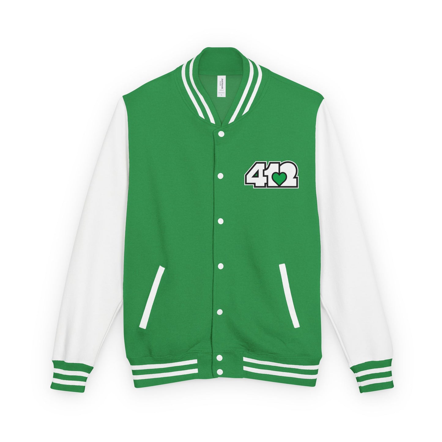 412 Embroidered Letterman Jacket - Green Heart, White Logo