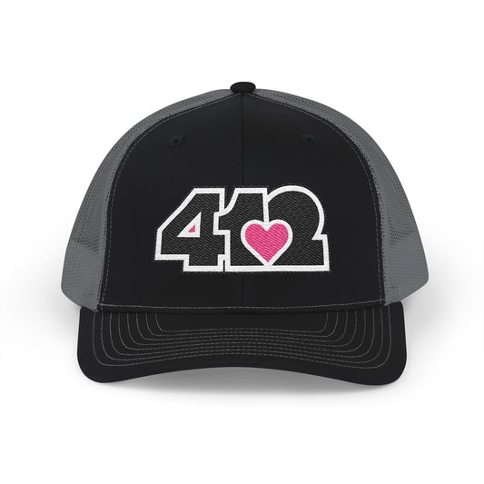 412 Snapback Crown – Embroidered Pink Heart, Black Logo