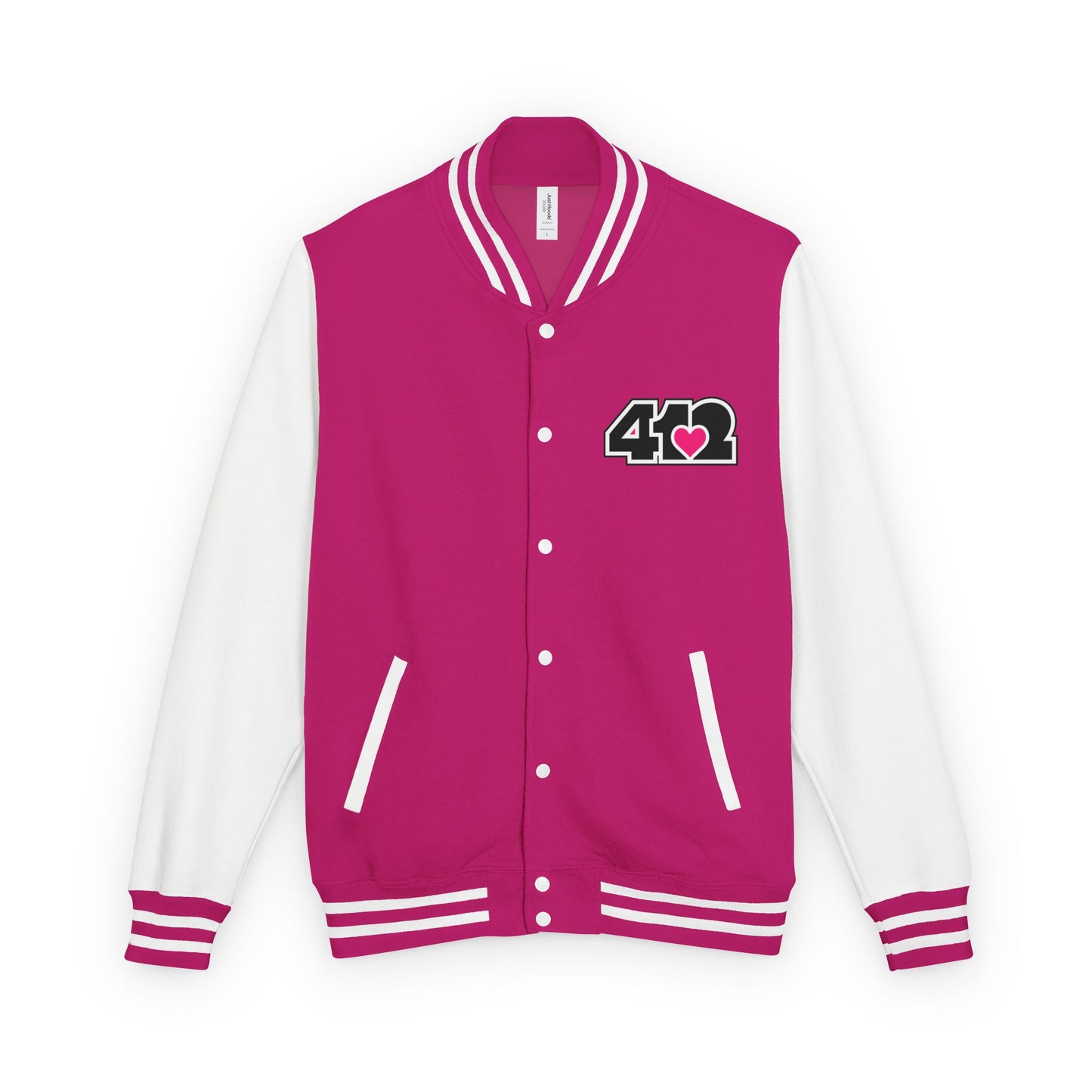 412 Embroidered Letterman Jacket - Pink Heart, Black Logo
