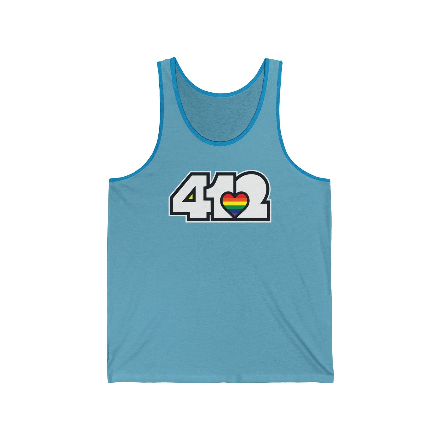 412 Unisex Jersey Tank - Rainbow Heart, White Logo