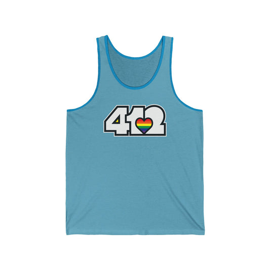 412 Unisex Jersey Tank - Rainbow Heart, White Logo