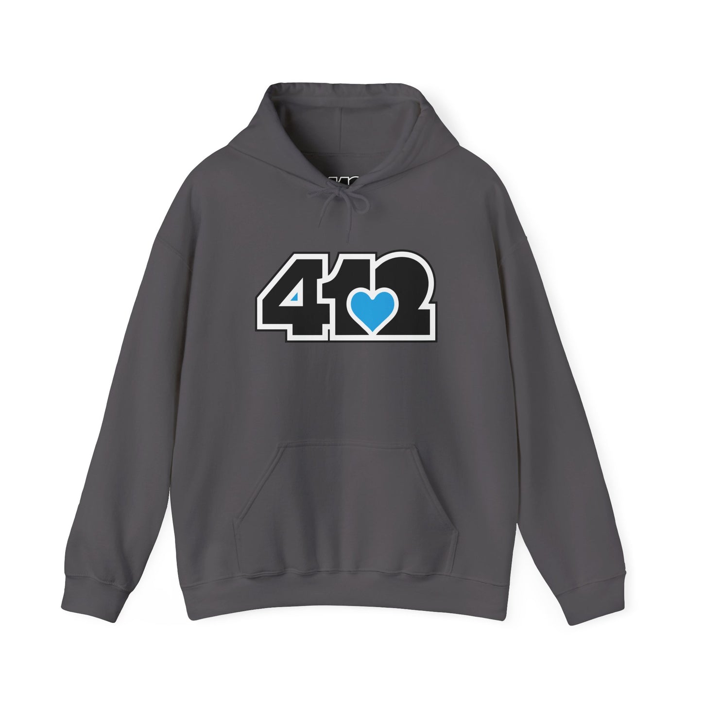 412 Classic Fit Adult Hoodie - Blue Heart, Black Logo-Hoodie-Charcoal-4OneLove2; Pittsburgh Branded Clothing; Pittsburgh Apparel; 412 Clothing