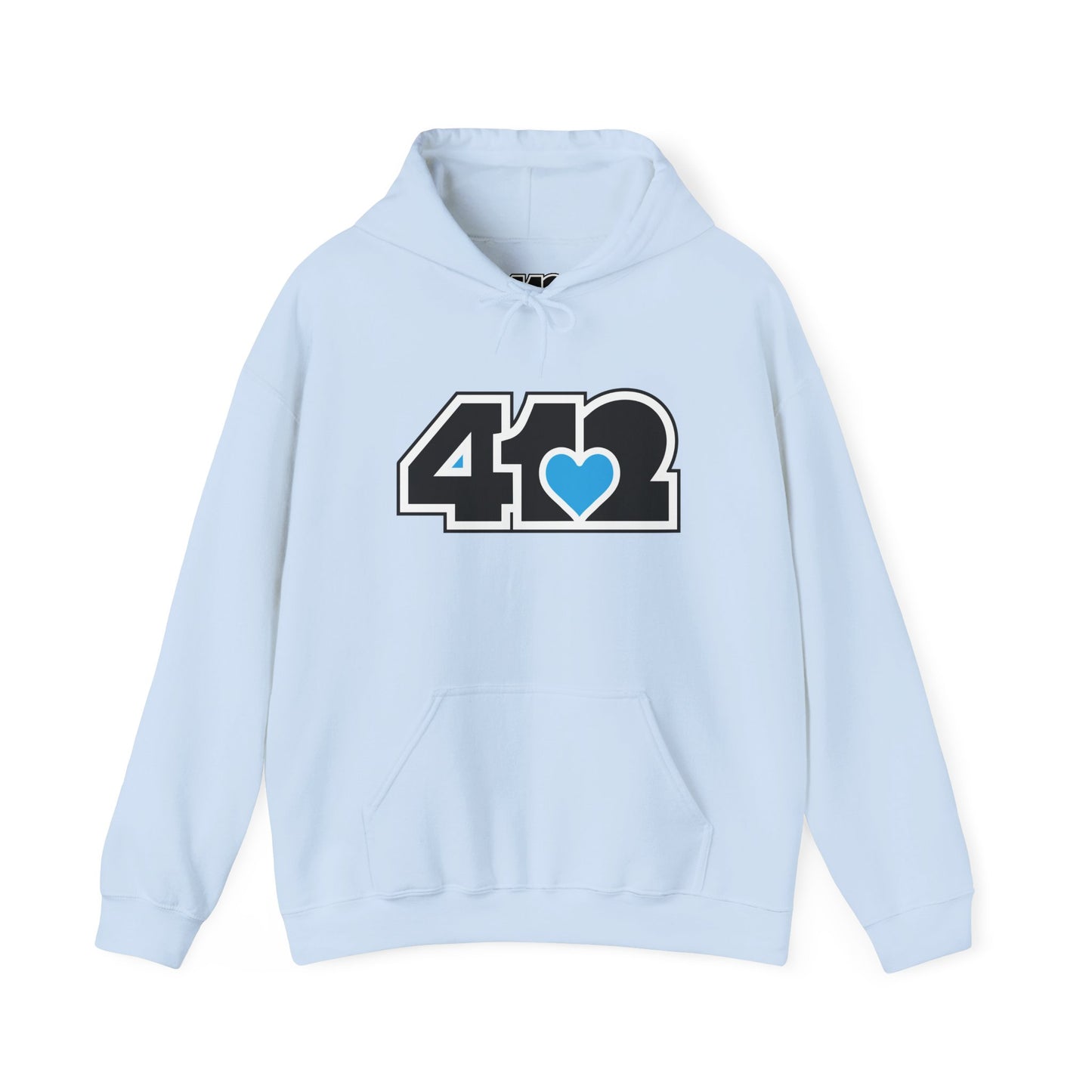 412 Classic Fit Adult Hoodie - Blue Heart, Black Logo-Hoodie-Light Blue-4OneLove2; Pittsburgh Branded Clothing; Pittsburgh Apparel; 412 Clothing