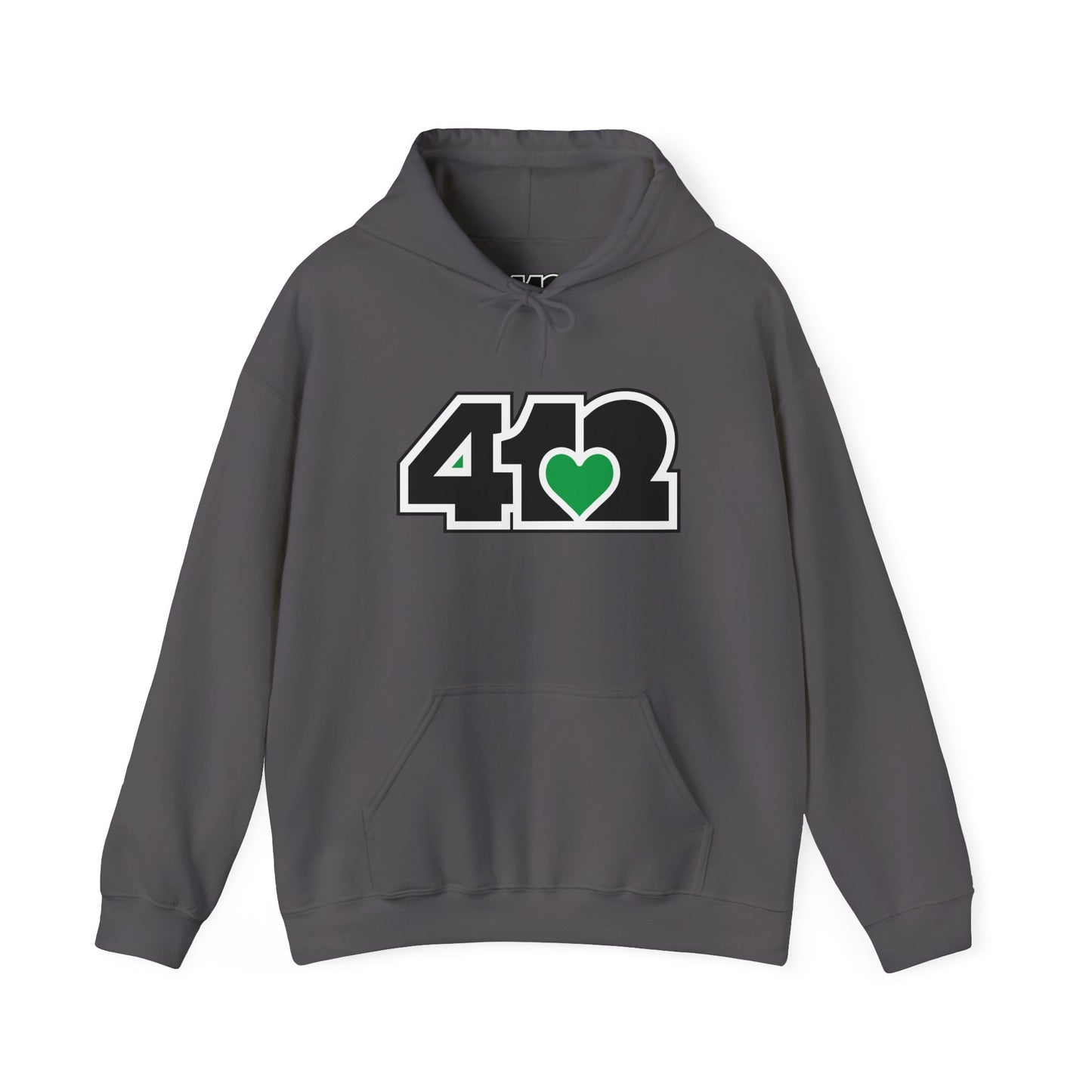 412 Classic Fit Adult Hoodie - Green Heart, Black Logo-Hoodie-Charcoal-4OneLove2; Pittsburgh Branded Clothing; Pittsburgh Apparel; 412 Clothing