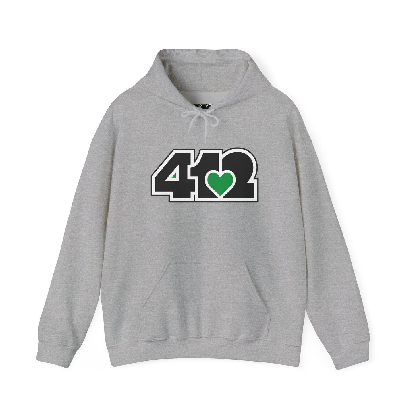 412 Classic Fit Adult Hoodie - Green Heart, Black Logo-Hoodie-Sport Grey-4OneLove2; Pittsburgh Branded Clothing; Pittsburgh Apparel; 412 Clothing