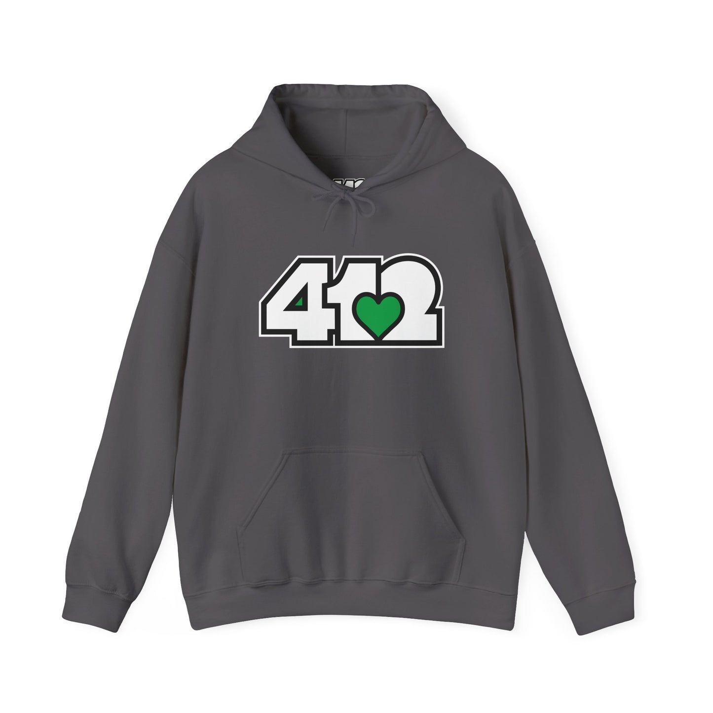 412 Classic Fit Adult Hoodie - Green Heart, White Logo-Hoodie-Charcoal-4OneLove2; Pittsburgh Branded Clothing; Pittsburgh Apparel; 412 Clothing
