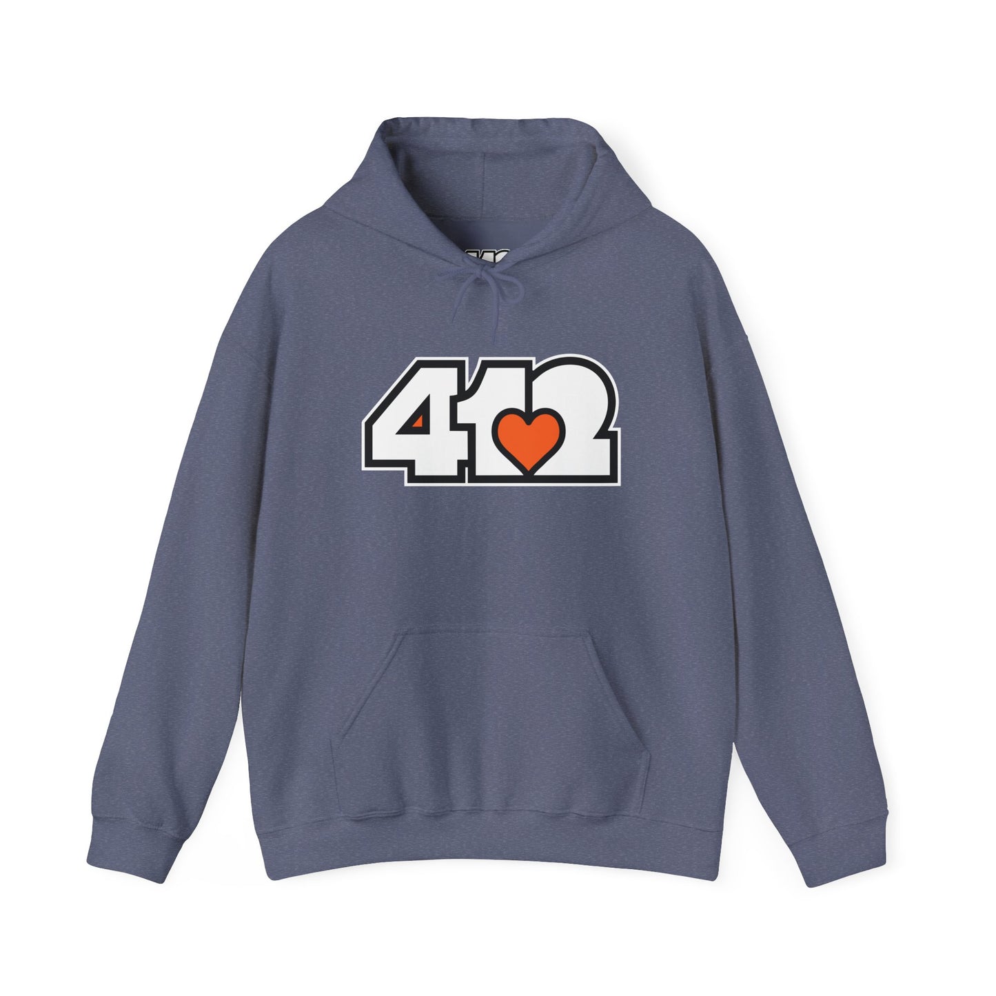 412 Classic Fit Adult Hoodie - Orange Heart, White Logo-Hoodie-Heather Navy-4OneLove2; Pittsburgh Branded Clothing; Pittsburgh Apparel; 412 Clothing