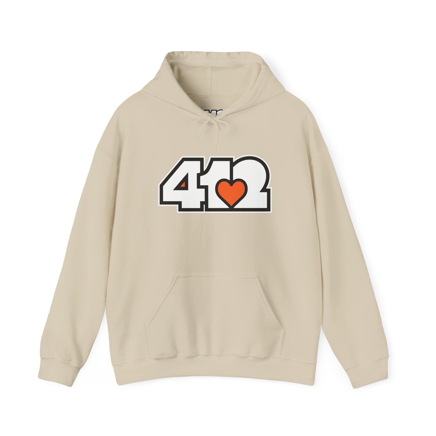 412 Classic Fit Adult Hoodie - Orange Heart, White Logo-Hoodie-Sand-4OneLove2; Pittsburgh Branded Clothing; Pittsburgh Apparel; 412 Clothing
