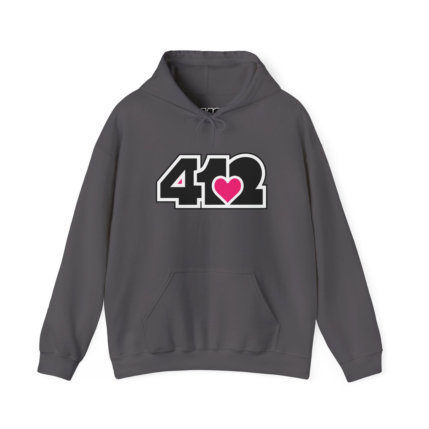 412 Classic Fit Adult Hoodie - Pink Heart, Black Logo-Hoodie-Charcoal-4OneLove2; Pittsburgh Branded Clothing; Pittsburgh Apparel; 412 Clothing