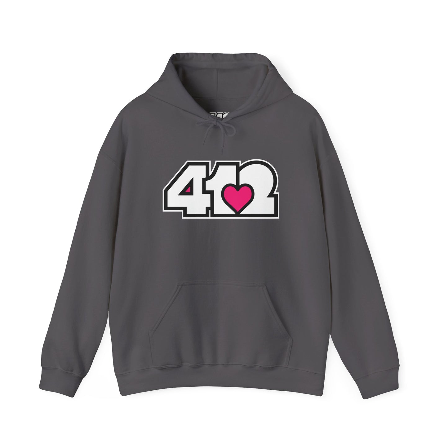 412 Classic Fit Adult Hoodie - Pink Heart, White Logo-Hoodie-Charcoal-4OneLove2; Pittsburgh Branded Clothing; Pittsburgh Apparel; 412 Clothing
