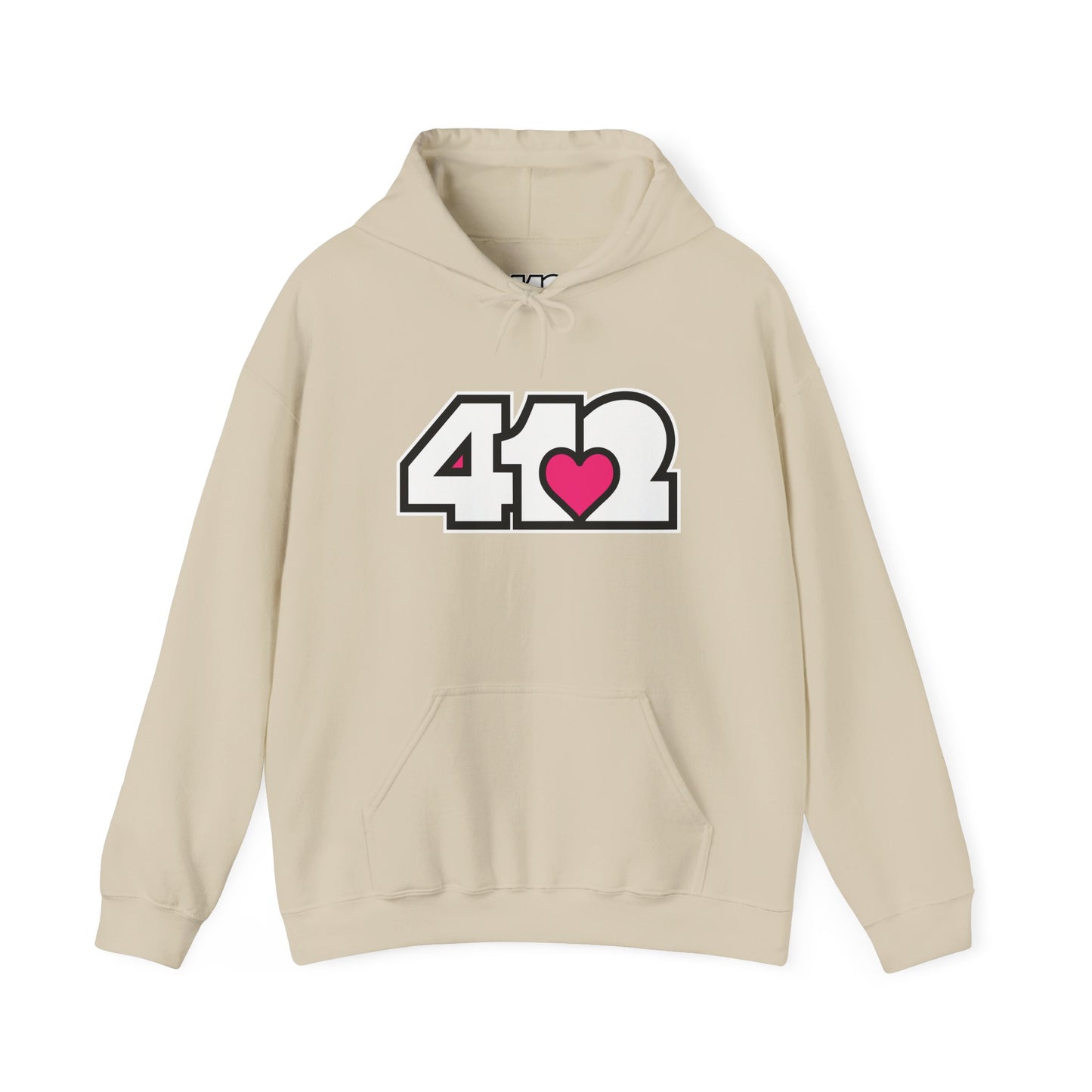 412 Classic Fit Adult Hoodie - Pink Heart, White Logo-Hoodie-Sand-4OneLove2; Pittsburgh Branded Clothing; Pittsburgh Apparel; 412 Clothing