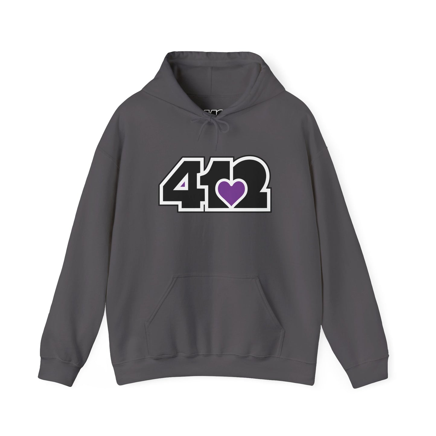 412 Classic Fit Adult Hoodie - Purple Heart Black Logo-Hoodie-Charcoal-4OneLove2; Pittsburgh Branded Clothing; Pittsburgh Apparel; 412 Clothing