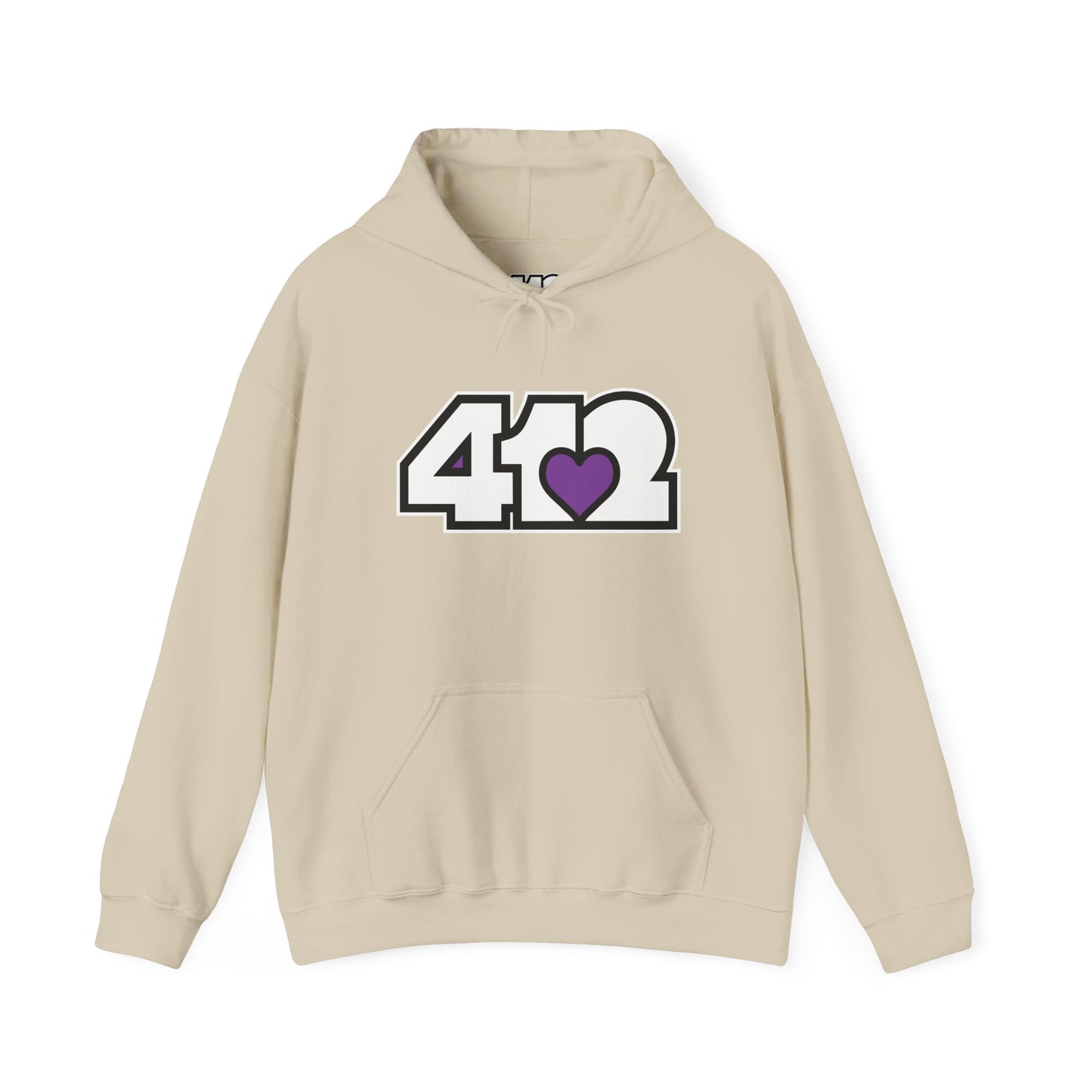 412 Classic Fit Adult Hoodie - Purple Heart, White Logo-Hoodie-Sand-4OneLove2; Pittsburgh Branded Clothing; Pittsburgh Apparel; 412 Clothing