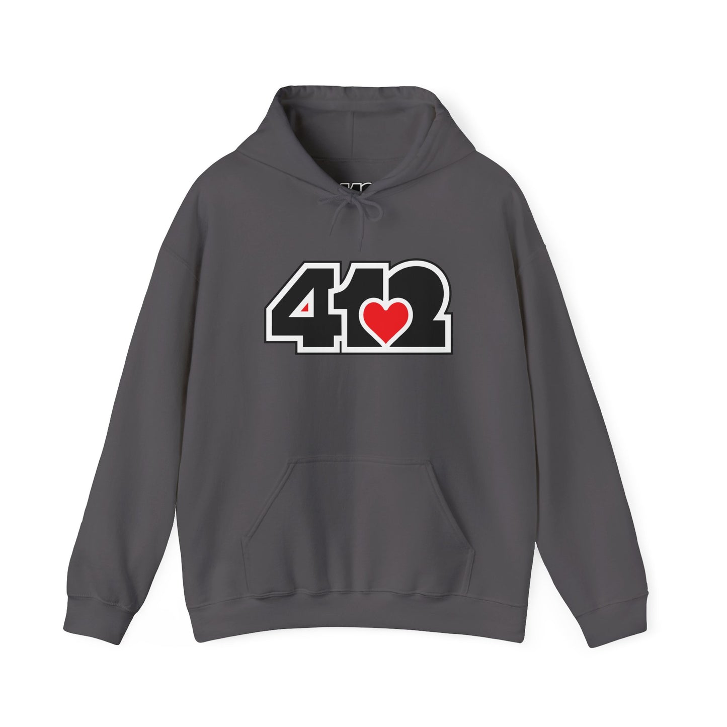 412 Classic Fit Adult Hoodie - Red Heart Black Logo-Hoodie-Charcoal-4OneLove2; Pittsburgh Branded Clothing; Pittsburgh Apparel; 412 Clothing