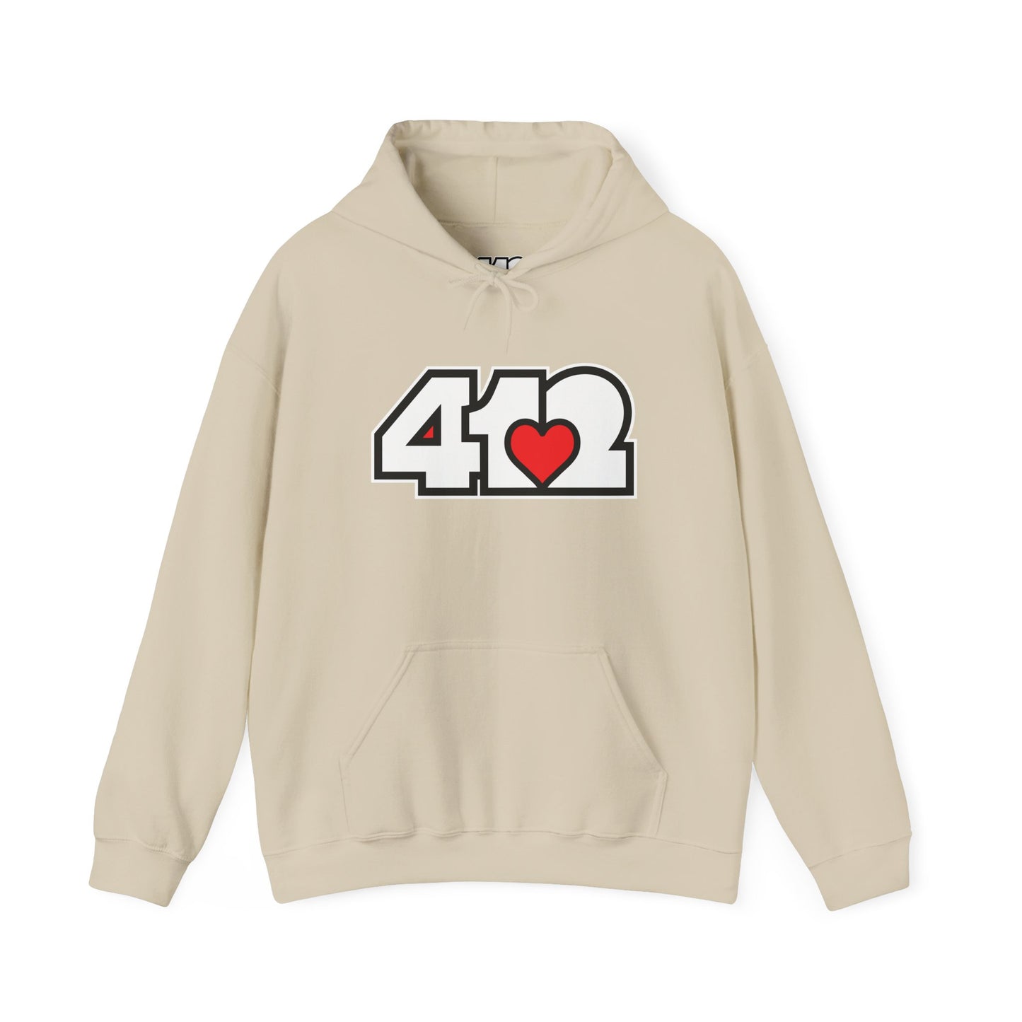 412 Classic Fit Adult Hoodie - Red Heart, White Logo-Hoodie-Sand-4OneLove2; Pittsburgh Branded Clothing; Pittsburgh Apparel; 412 Clothing