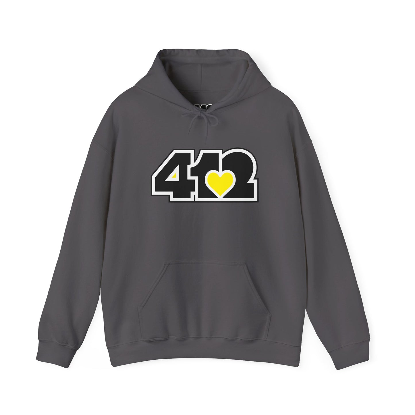 412 Classic Fit Adult Hoodie - Yellow Heart, Black Logo-Hoodie-Charcoal-4OneLove2; Pittsburgh Branded Clothing; Pittsburgh Apparel; 412 Clothing