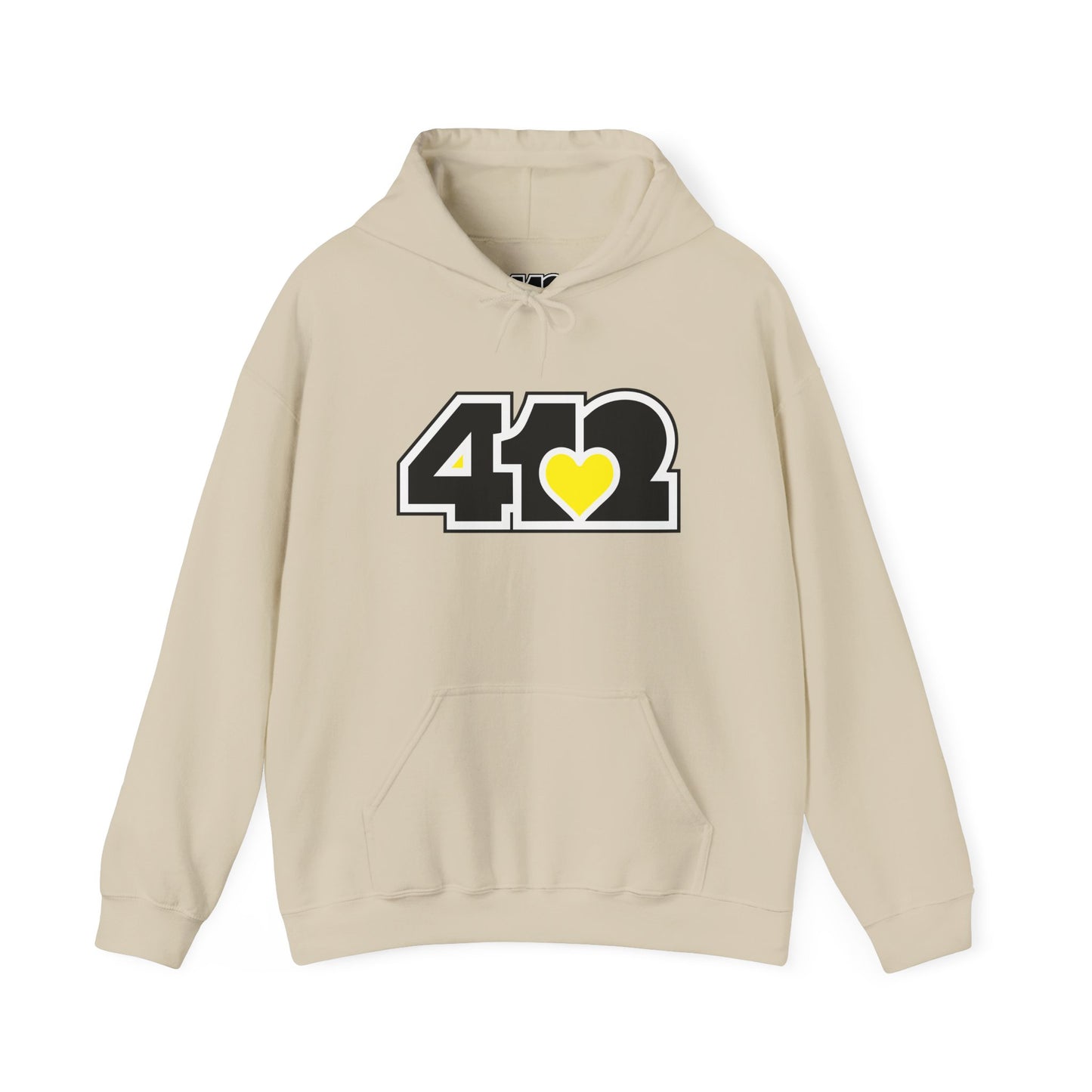 412 Classic Fit Adult Hoodie - Yellow Heart, Black Logo-Hoodie-Sand-4OneLove2; Pittsburgh Branded Clothing; Pittsburgh Apparel; 412 Clothing