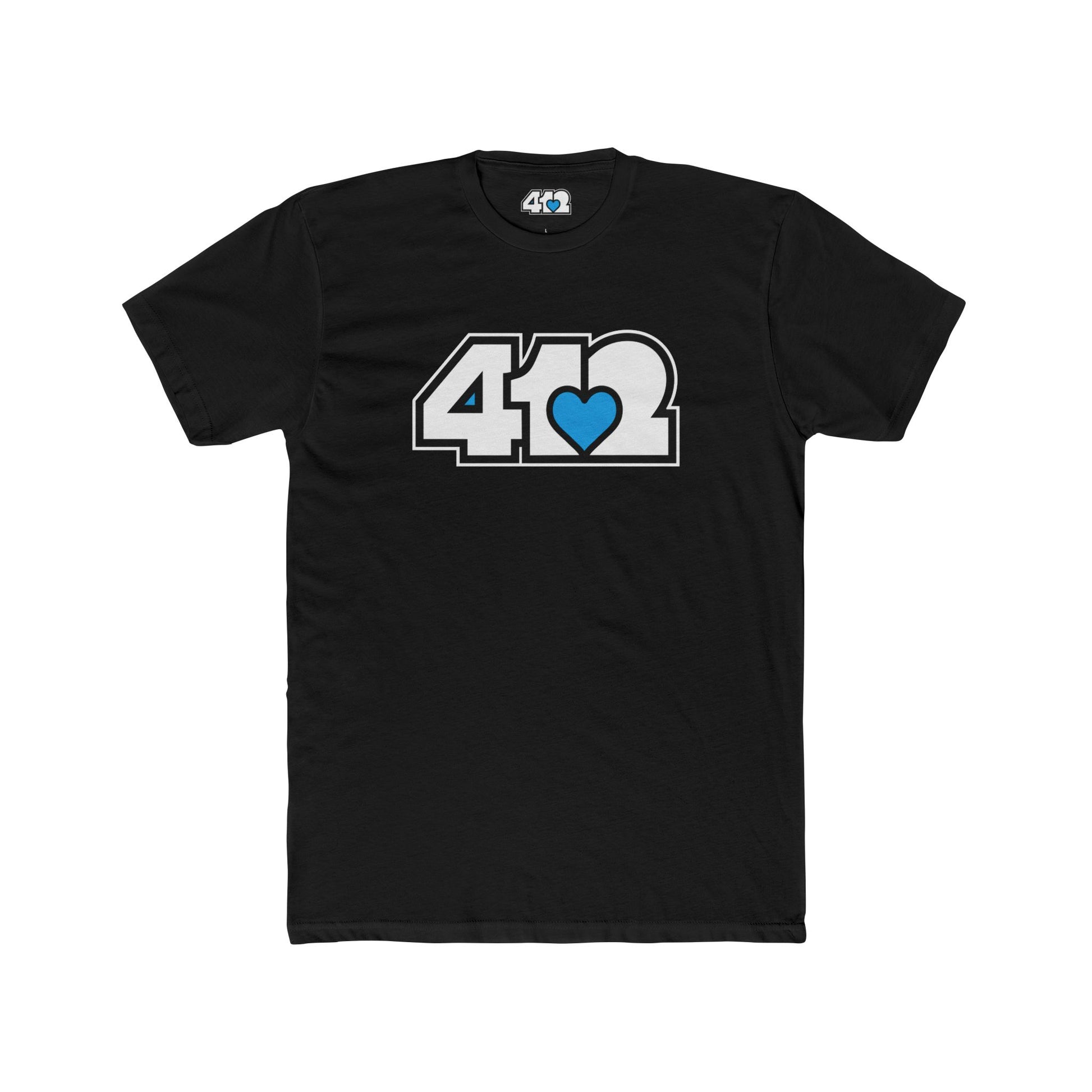 412 Contoured Fit Tee - Blue Heart, White Logo-T-Shirt-Solid Black-4OneLove2; Pittsburgh Branded Clothing; Pittsburgh Apparel; 412 Clothing
