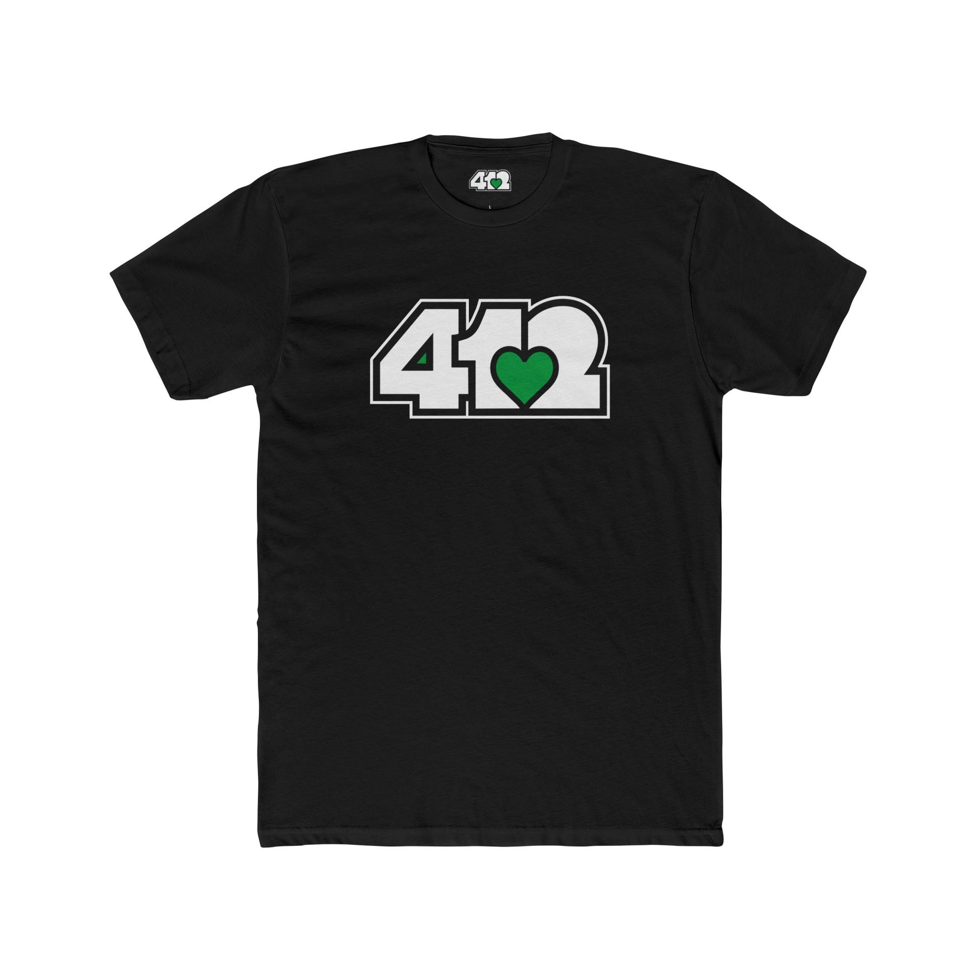 412 Contoured Fit Tee - Green Heart, White Logo-T-Shirt-Solid Black-4OneLove2; Pittsburgh Branded Clothing; Pittsburgh Apparel; 412 Clothing