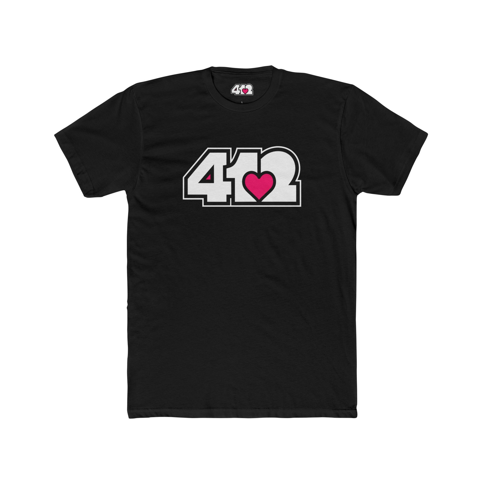 412 Contoured Fit Tee - Pink Heart, White Logo-T-Shirt-Solid Black-4OneLove2; Pittsburgh Branded Clothing; Pittsburgh Apparel; 412 Clothing