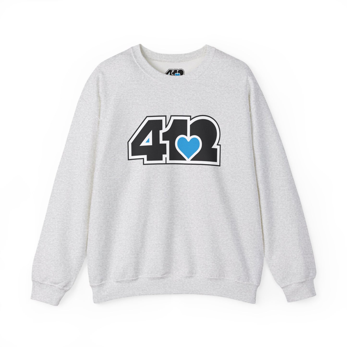 412 Crew Neck Sweatshirt - Blue Heart, Black Logo-Sweatshirt-Ash-4OneLove2; Pittsburgh Branded Clothing; Pittsburgh Apparel; 412 Clothing