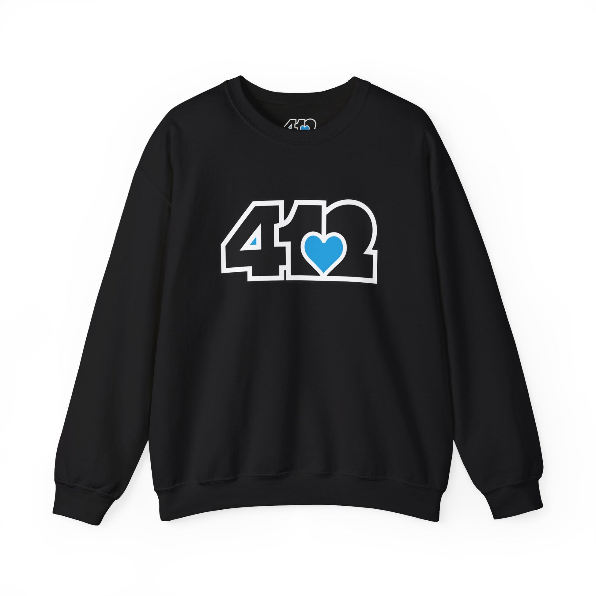 412 Crew Neck Sweatshirt - Blue Heart, Black Logo-Sweatshirt-Black-4OneLove2; Pittsburgh Branded Clothing; Pittsburgh Apparel; 412 Clothing