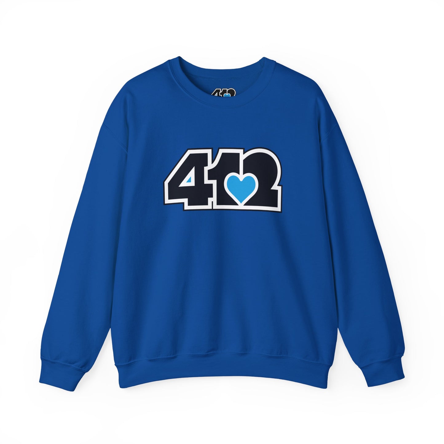 412 Crew Neck Sweatshirt - Blue Heart, Black Logo-Sweatshirt-Royal-4OneLove2; Pittsburgh Branded Clothing; Pittsburgh Apparel; 412 Clothing