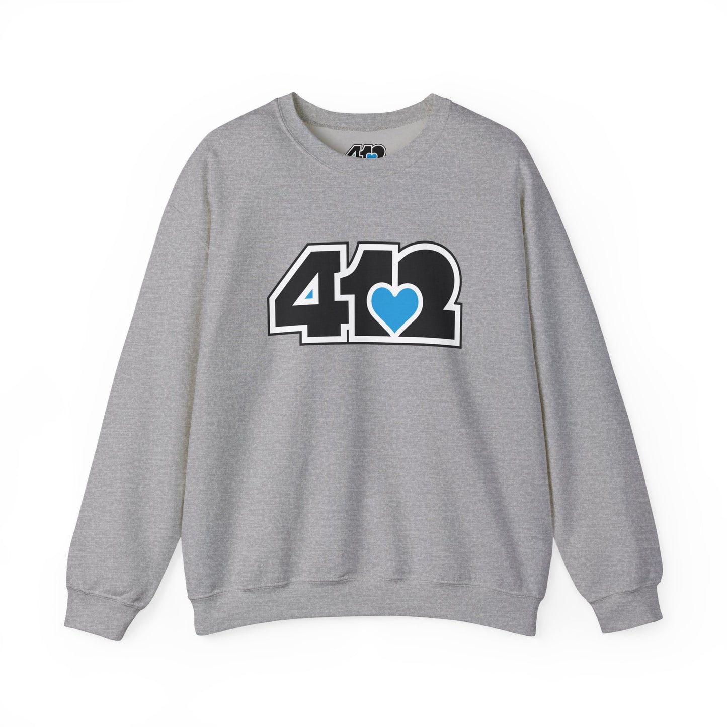 412 Crew Neck Sweatshirt - Blue Heart, Black Logo-Sweatshirt-Sport Grey-4OneLove2; Pittsburgh Branded Clothing; Pittsburgh Apparel; 412 Clothing