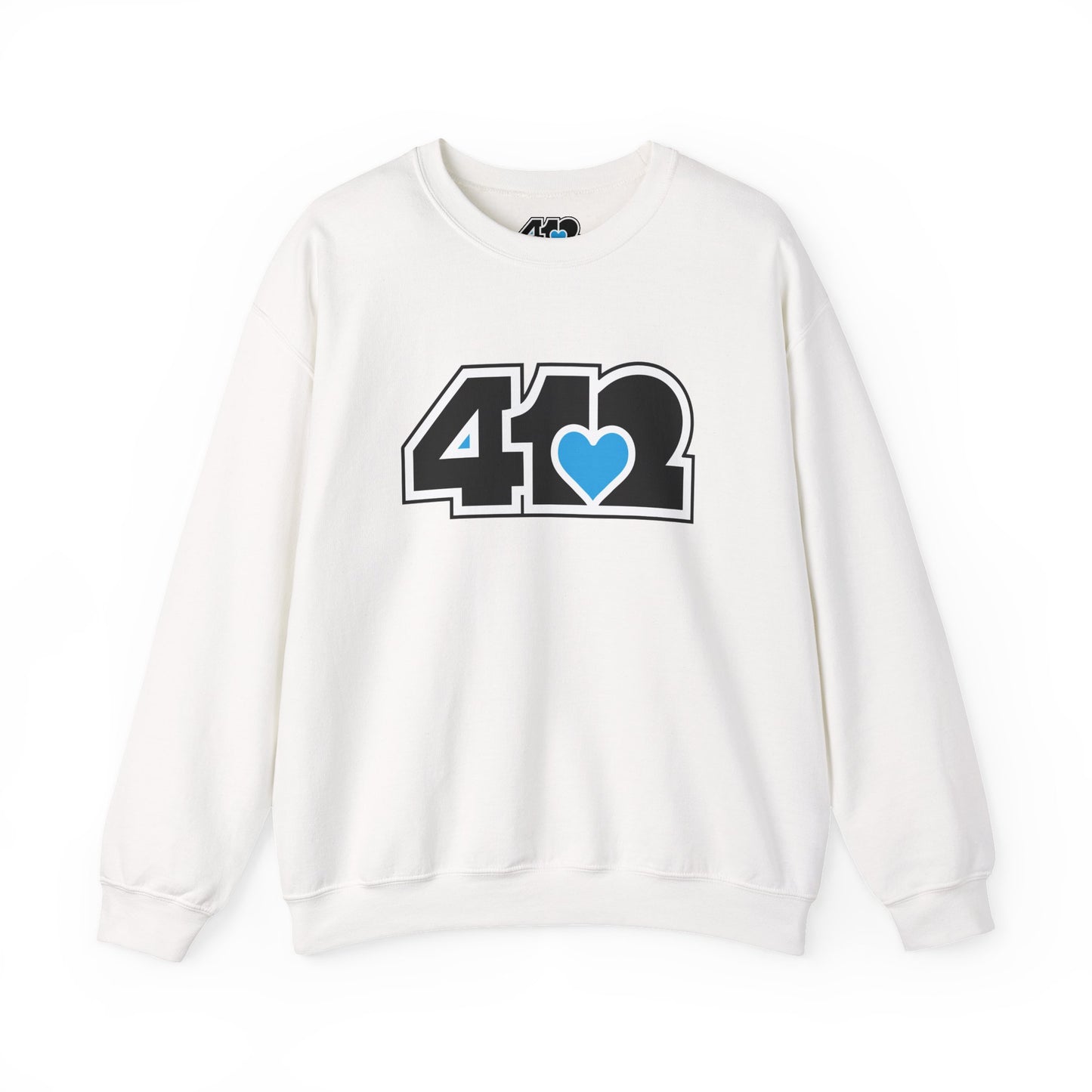 412 Crew Neck Sweatshirt - Blue Heart, Black Logo-Sweatshirt-White-4OneLove2; Pittsburgh Branded Clothing; Pittsburgh Apparel; 412 Clothing