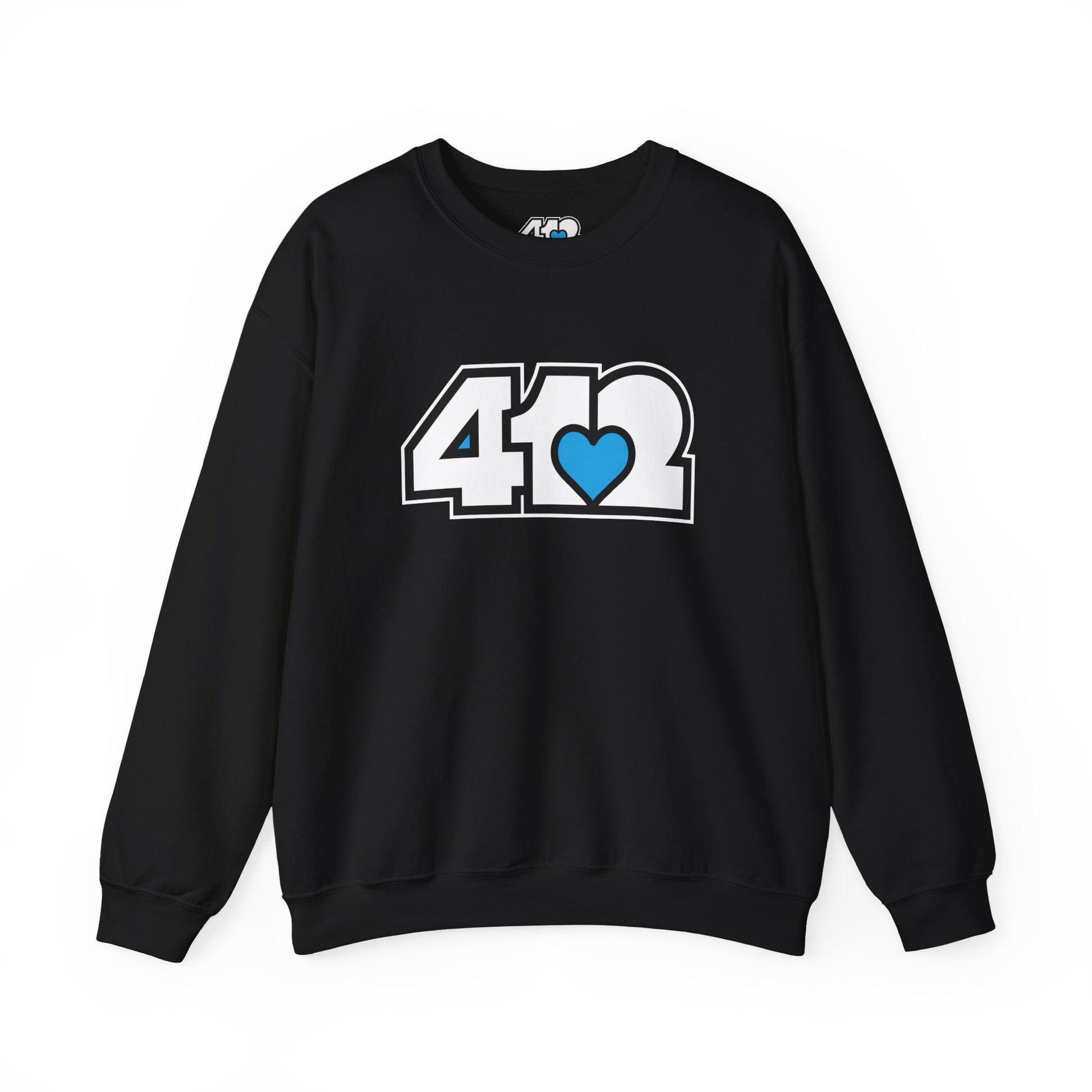 412 Crew Neck Sweatshirt - Blue Heart, White Logo-Sweatshirt-Black-4OneLove2; Pittsburgh Branded Clothing; Pittsburgh Apparel; 412 Clothing