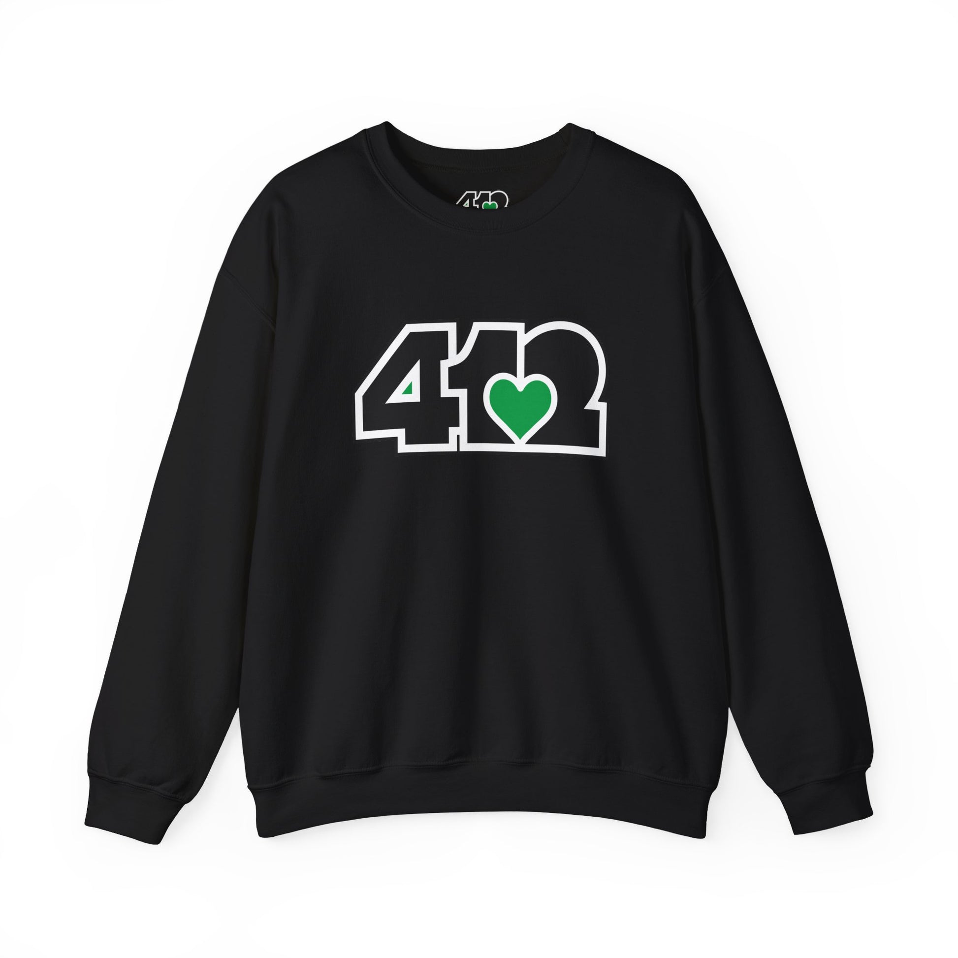 412 Crew Neck Sweatshirt - Green Heart, Black Logo-Sweatshirt-Black-4OneLove2; Pittsburgh Branded Clothing; Pittsburgh Apparel; 412 Clothing