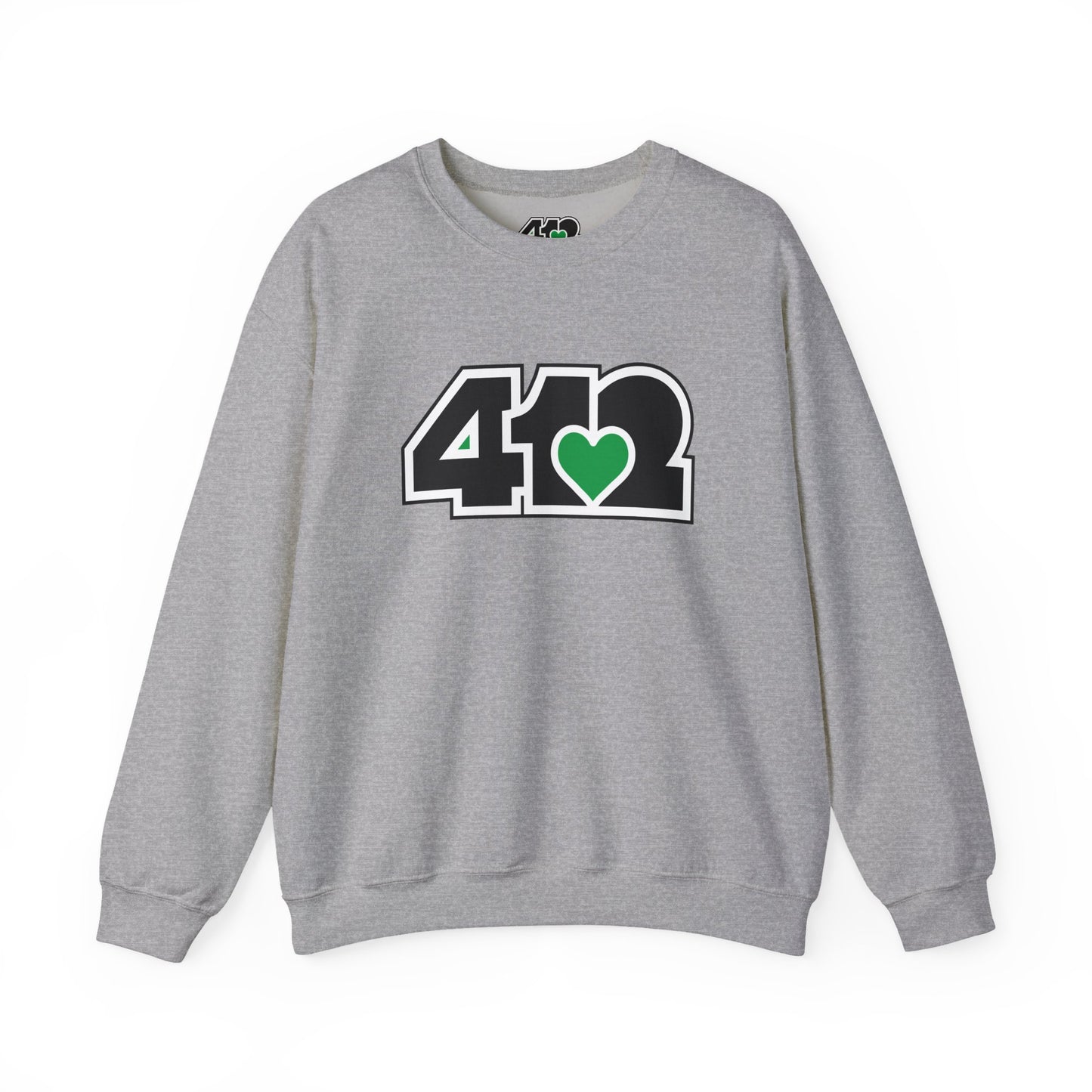 412 Crew Neck Sweatshirt - Green Heart, Black Logo-Sweatshirt-Sport Grey-4OneLove2; Pittsburgh Branded Clothing; Pittsburgh Apparel; 412 Clothing