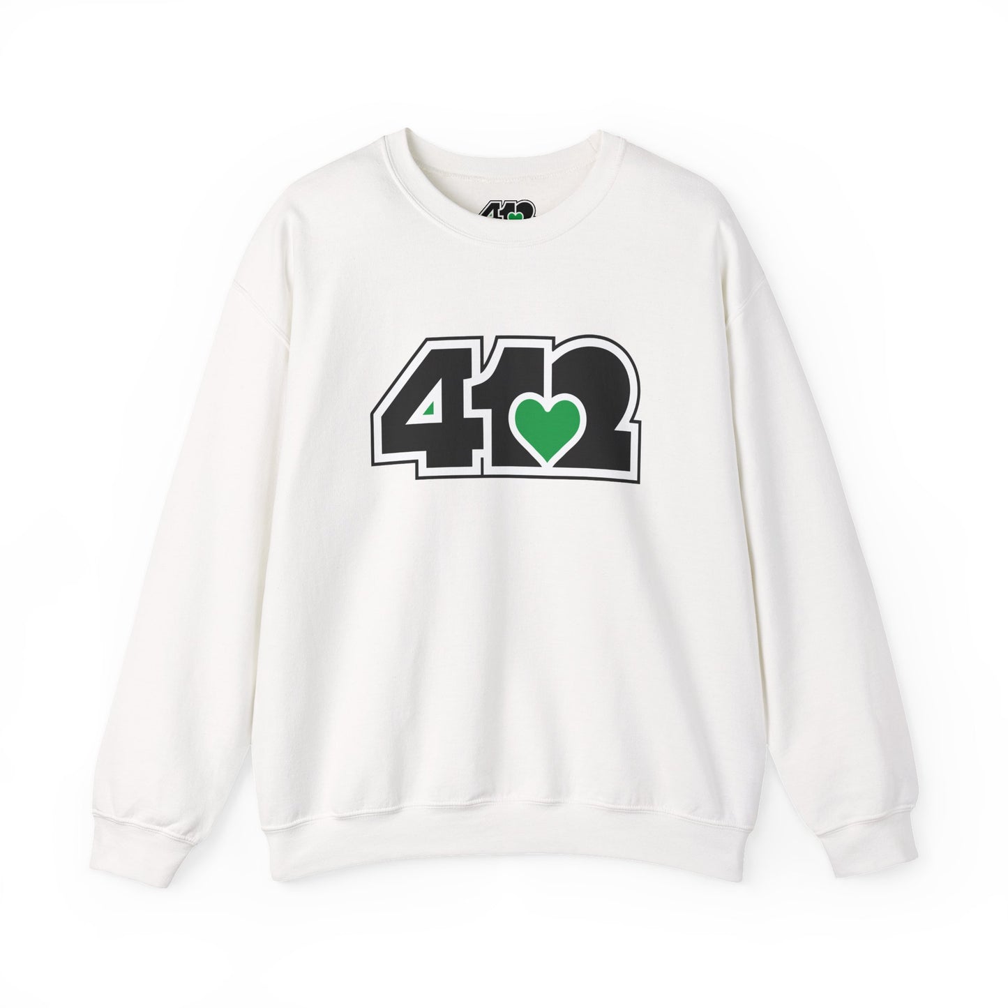 412 Crew Neck Sweatshirt - Green Heart, Black Logo-Sweatshirt-White-4OneLove2; Pittsburgh Branded Clothing; Pittsburgh Apparel; 412 Clothing
