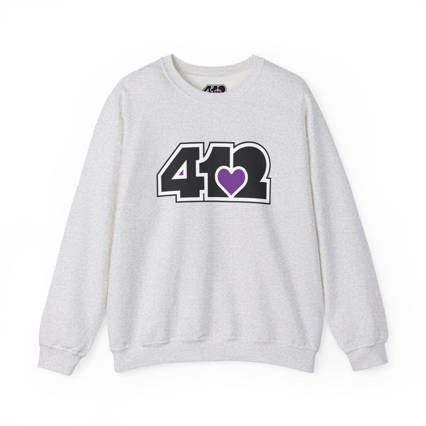 412 Crew Neck Sweatshirt - Purple Heart, Black Logo-Sweatshirt-Ash-4OneLove2; Pittsburgh Branded Clothing; Pittsburgh Apparel; 412 Clothing