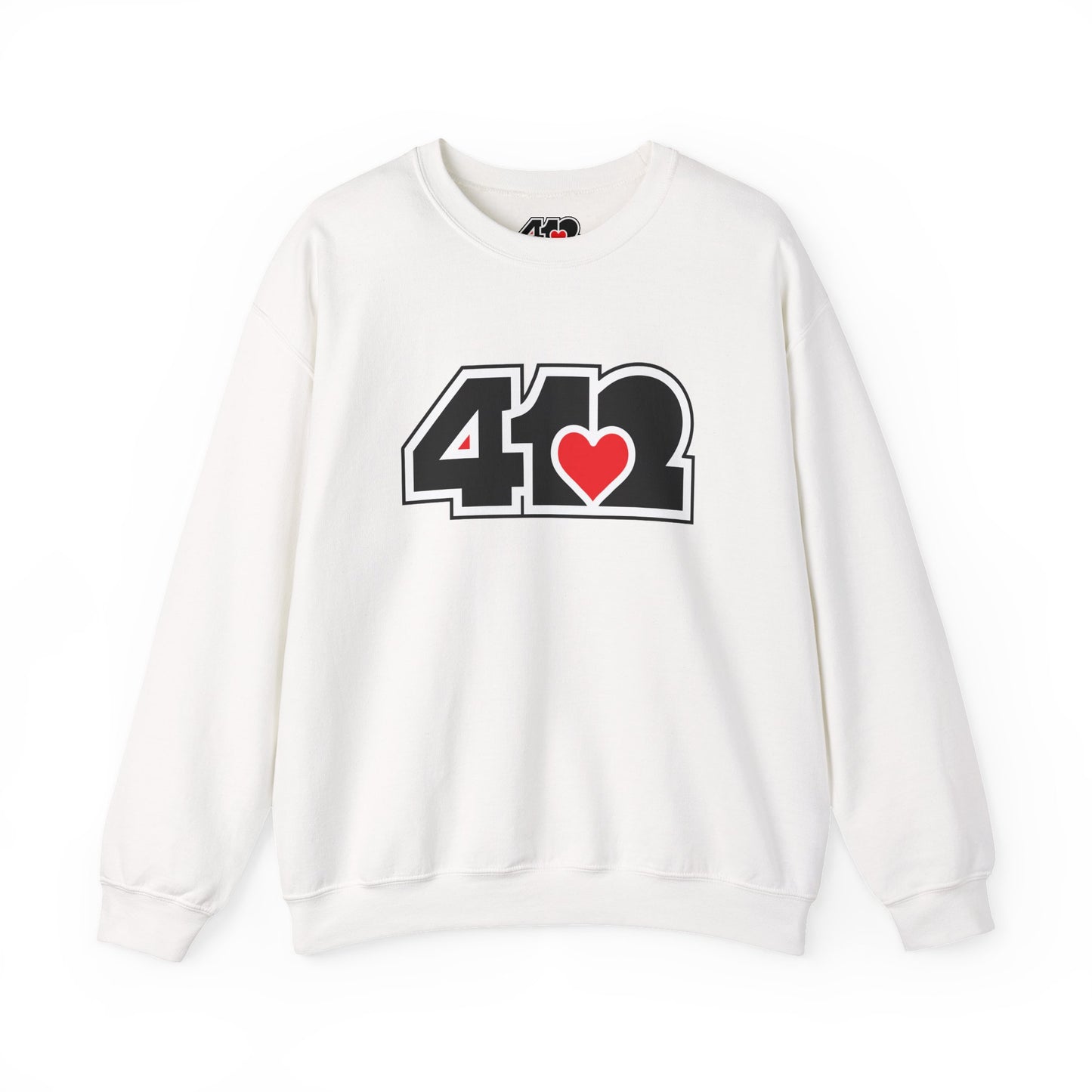 412 Crew Neck Sweatshirt - Red Heart, Black Logo-Sweatshirt-White-4OneLove2; Pittsburgh Branded Clothing; Pittsburgh Apparel; 412 Clothing
