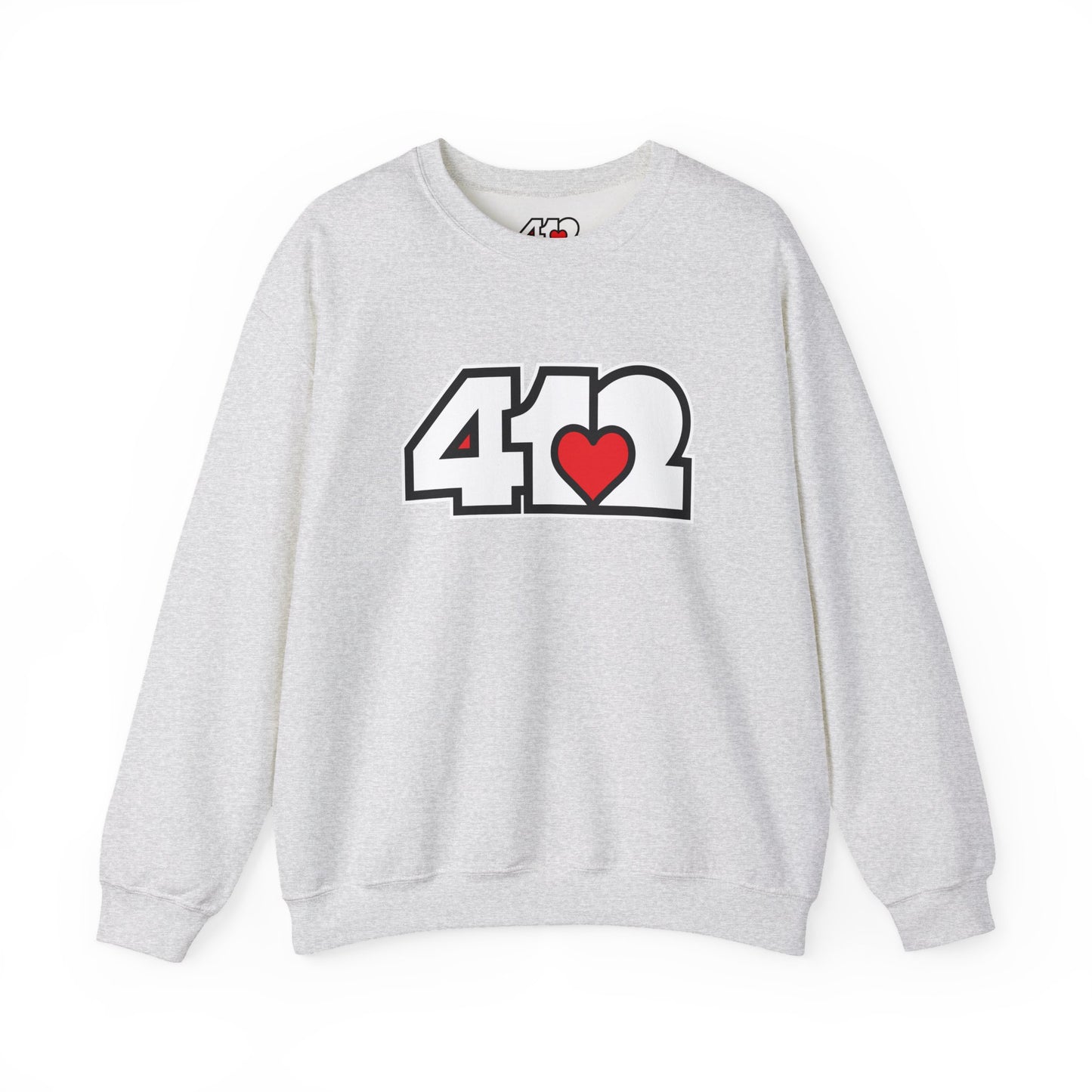 412 Crew Neck Sweatshirt - Red Heart, White Logo-Sweatshirt-Ash-4OneLove2; Pittsburgh Branded Clothing; Pittsburgh Apparel; 412 Clothing