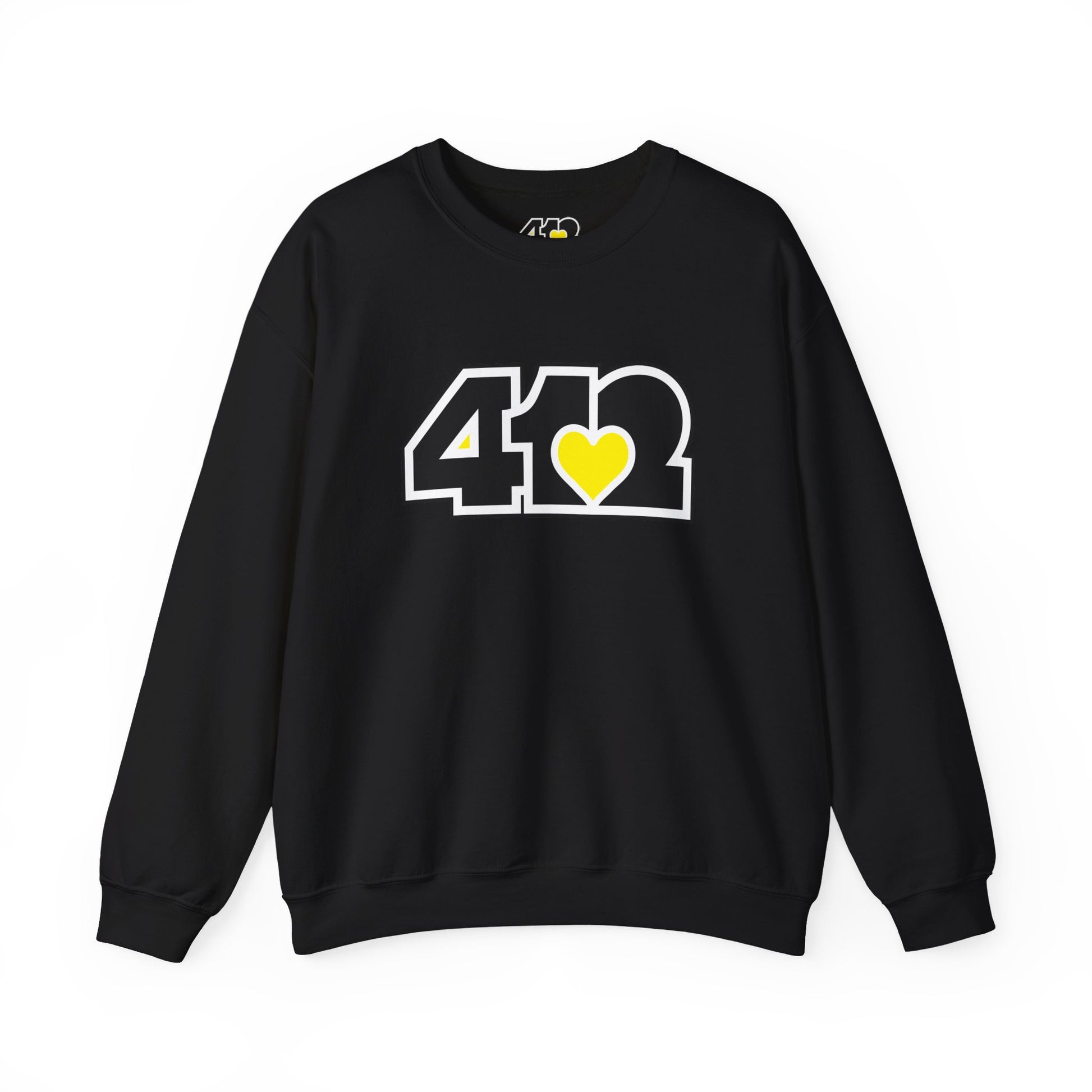 412 Crew Neck Sweatshirt - Yellow Heart, Black Logo-Sweatshirt-Black-4OneLove2; Pittsburgh Branded Clothing; Pittsburgh Apparel; 412 Clothing