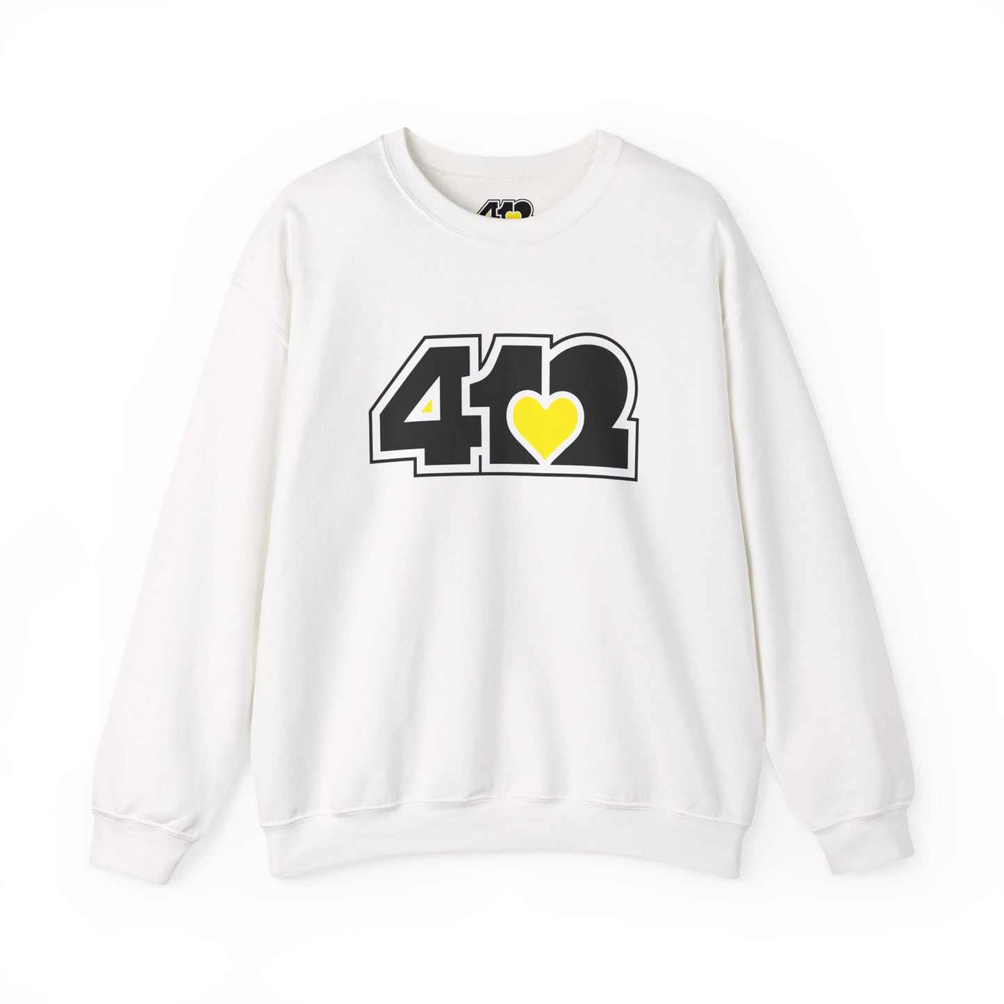 412 Crew Neck Sweatshirt - Yellow Heart, Black Logo-Sweatshirt-White-4OneLove2; Pittsburgh Branded Clothing; Pittsburgh Apparel; 412 Clothing