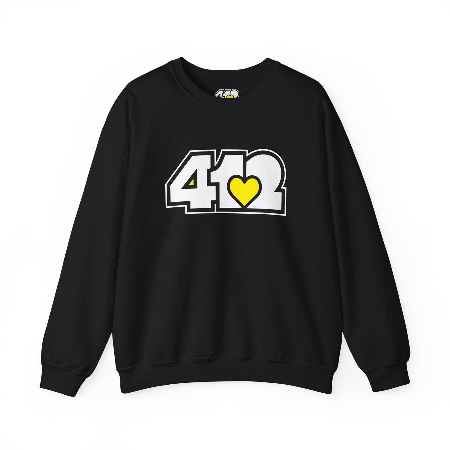 412 Crew Neck Sweatshirt - Yellow Heart, White Logo-Sweatshirt-Black-4OneLove2; Pittsburgh Branded Clothing; Pittsburgh Apparel; 412 Clothing