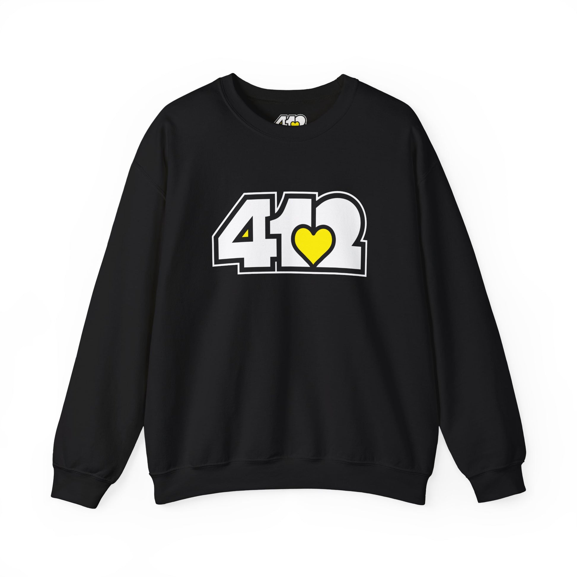 412 Crew Neck Sweatshirt - Yellow Heart, White Logo-Sweatshirt-Black-4OneLove2; Pittsburgh Branded Clothing; Pittsburgh Apparel; 412 Clothing