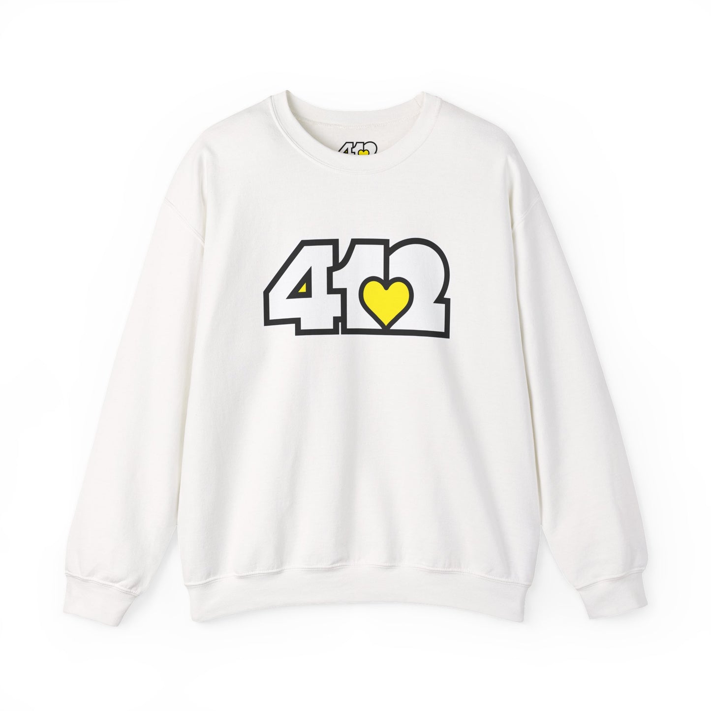 412 Crew Neck Sweatshirt - Yellow Heart, White Logo-Sweatshirt-White-4OneLove2; Pittsburgh Branded Clothing; Pittsburgh Apparel; 412 Clothing