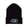 Cozy 412 Cuffed Beanie Hat | Embroidered Black and Blue Logo. Apparel Color: Black. Featuring a snug cuffed fit, and soft acrylic for winter style.