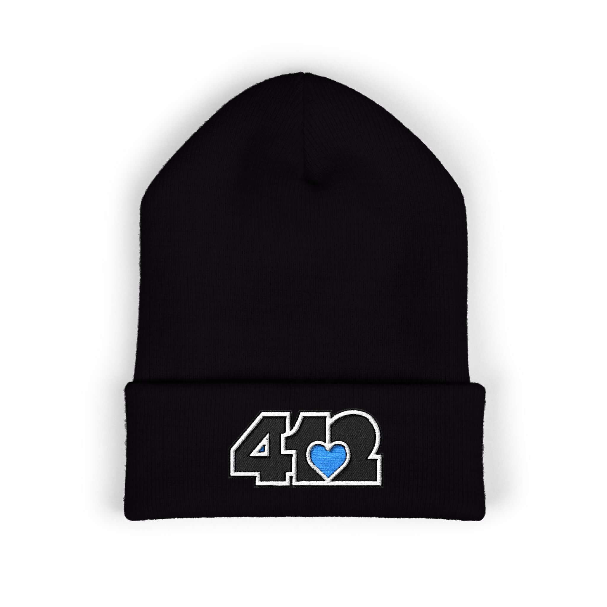 Cozy 412 Cuffed Beanie Hat | Embroidered Black and Blue Logo. Apparel Color: Black. Featuring a snug cuffed fit, and soft acrylic for winter style.