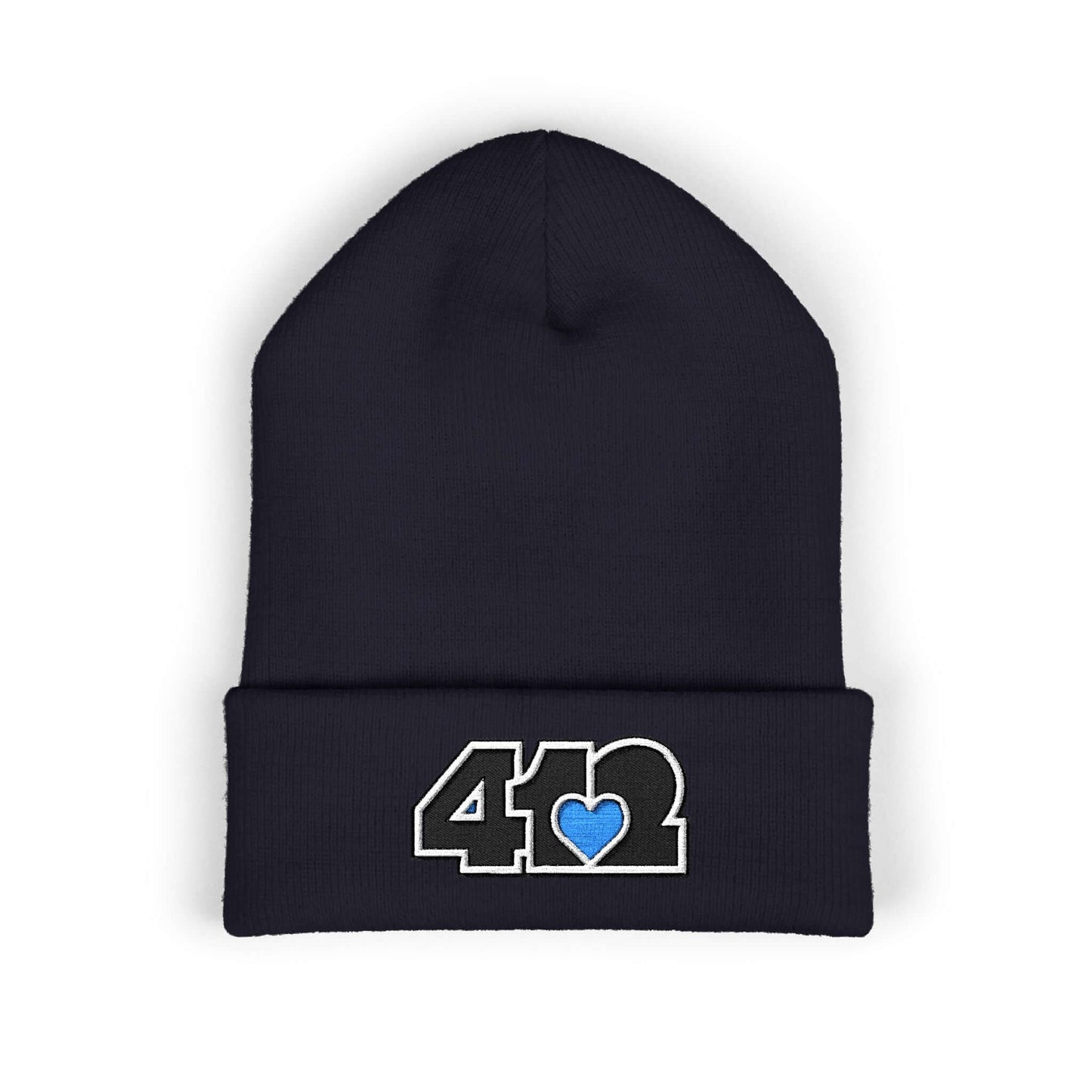 Cozy 412 Cuffed Beanie Hat | Embroidered Black and Blue Logo. Apparel Color: Navy. Featuring a snug cuffed fit, and soft acrylic for winter style.